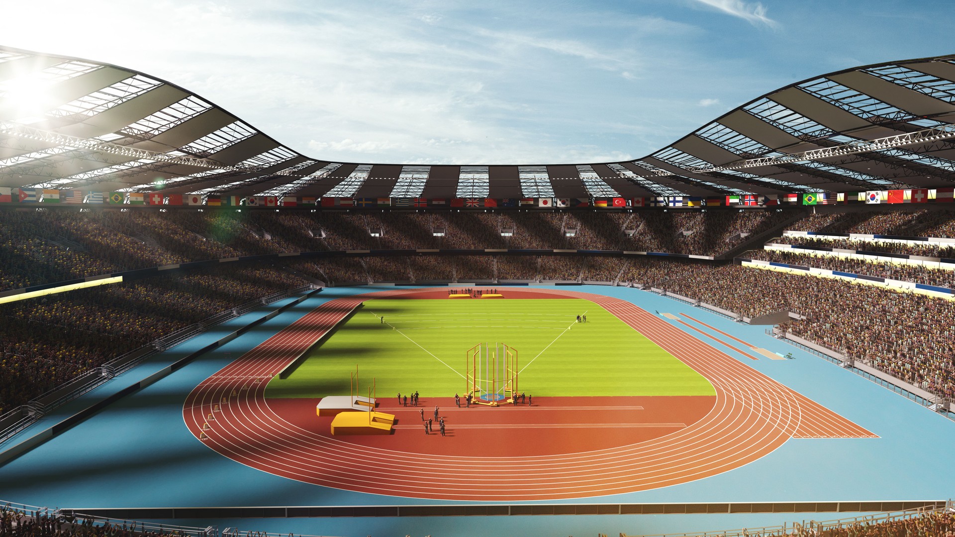 3D render of sunlit stadium filled with spectators, showcasing an athletic track and sports field. Day time open air game