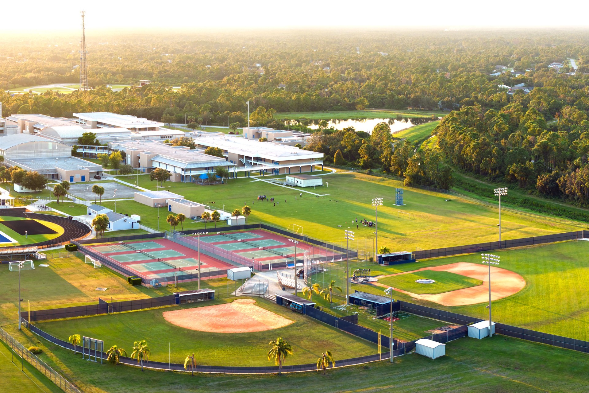 Public high school sports facilities in Florida. American football stadium, tennis courts and baseball diamond sport infrastructure